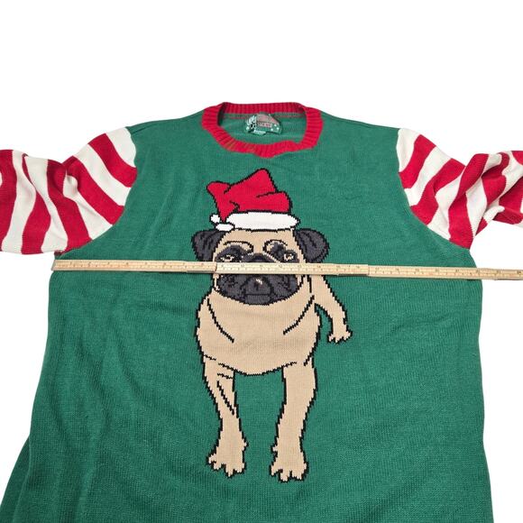 Ugly Christmas Sweater XL Pug Puppy Dog Santa hat Green Striped Holiday Funny - Picture 8 of 11